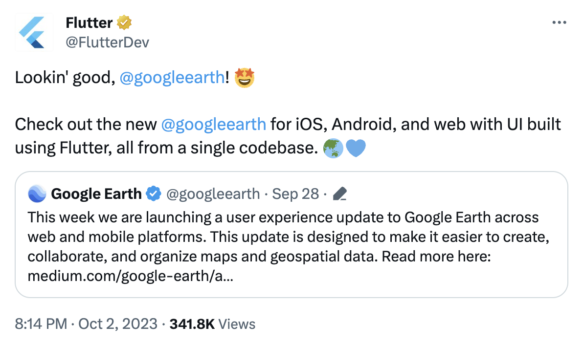 A tweet by the Flutter team announcing that Google Earth is now made with Flutter.